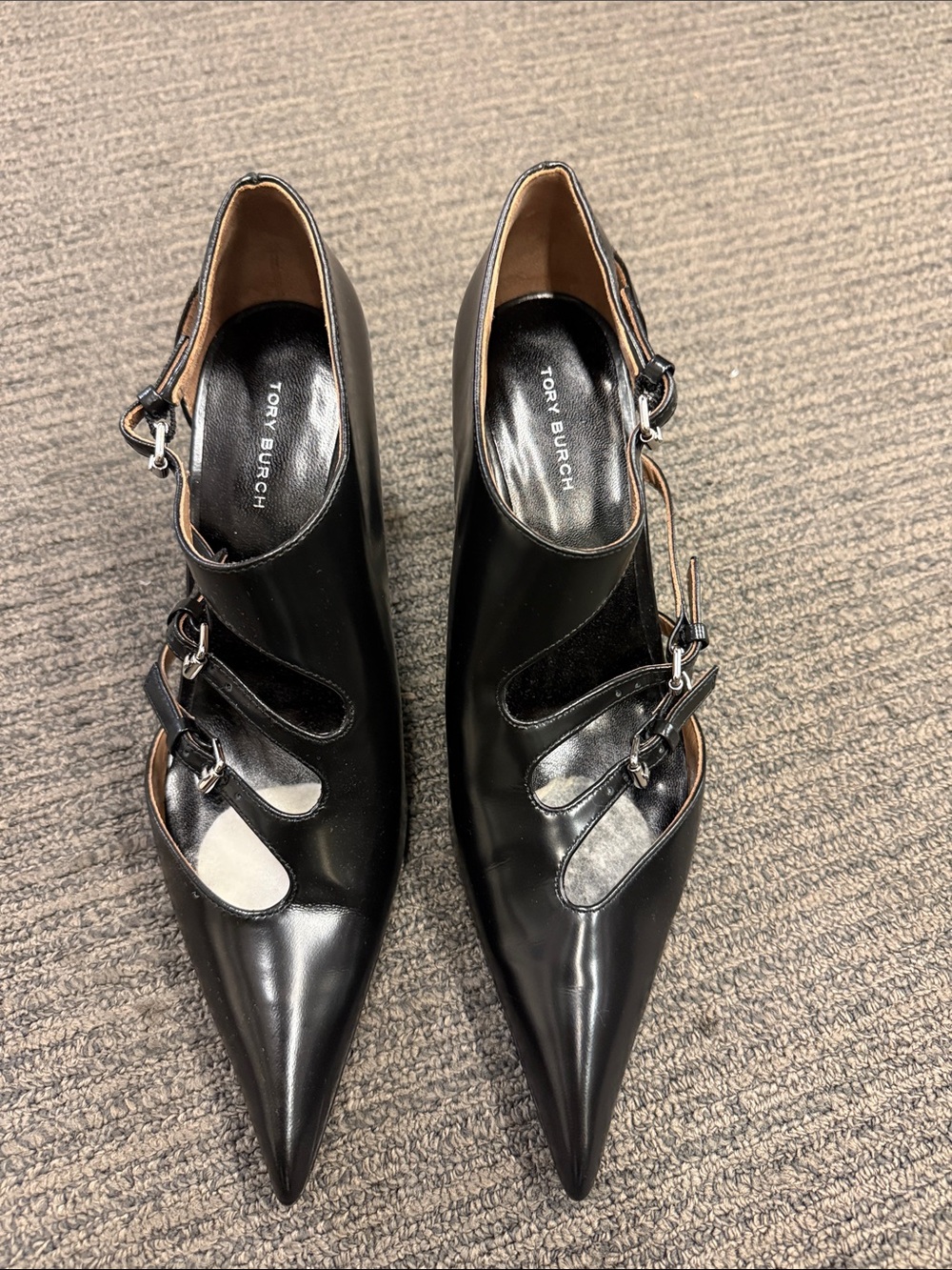 Tory Burch Black Pointed Mary Jane Heels with Buckle Straps